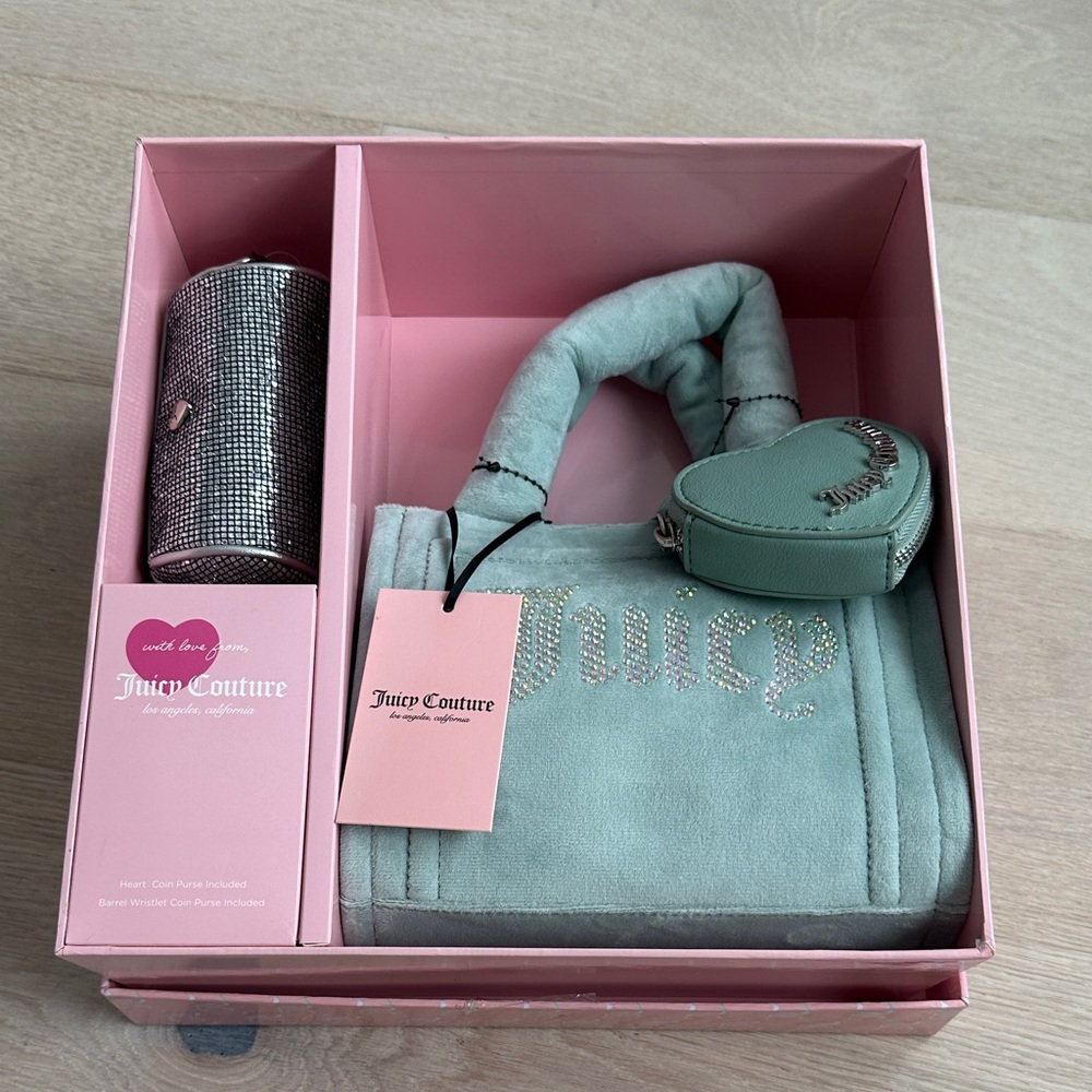 New Juicy Couture Mint Green velvet Handbag Set big spender 3 pc set cool blue